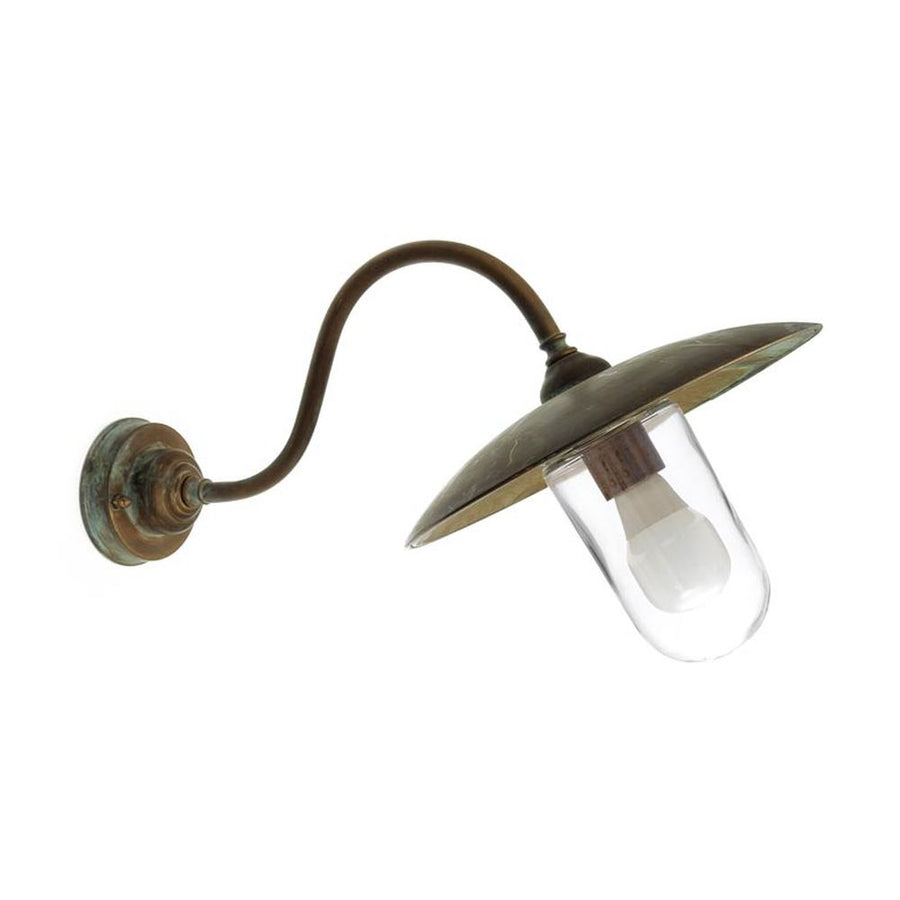 Loft stílusú, antikolt sárgaréz színű, rézből készült falikar átlátszó üvegbúrával.