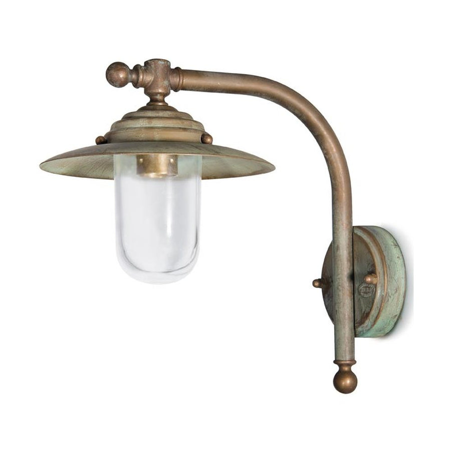 Country stílusú, antikolt réz színű falikar tányérszerű lámpatesttel és átlátszó üvegbúrával.