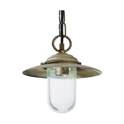 Country stílusú, antikolt réz színű falikar tányérszerű lámpatesttel és átlátszó üvegbúrával.