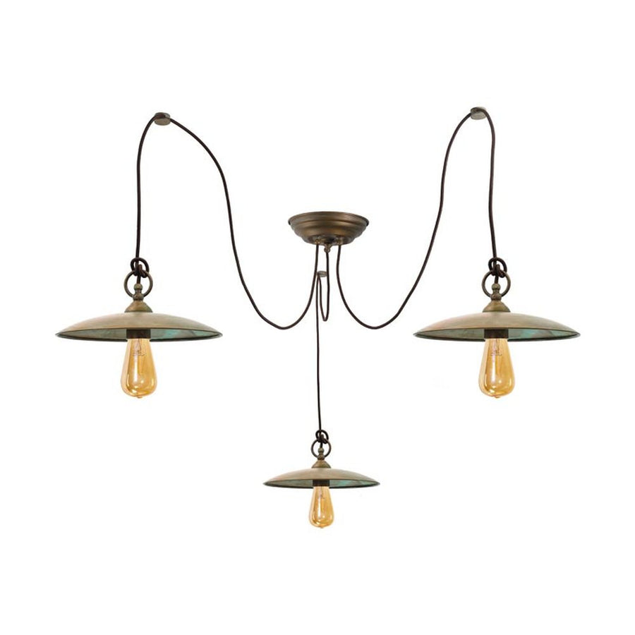 Loft stílusú, antikolt sárgaréz színű, három lámpás réz függeszték