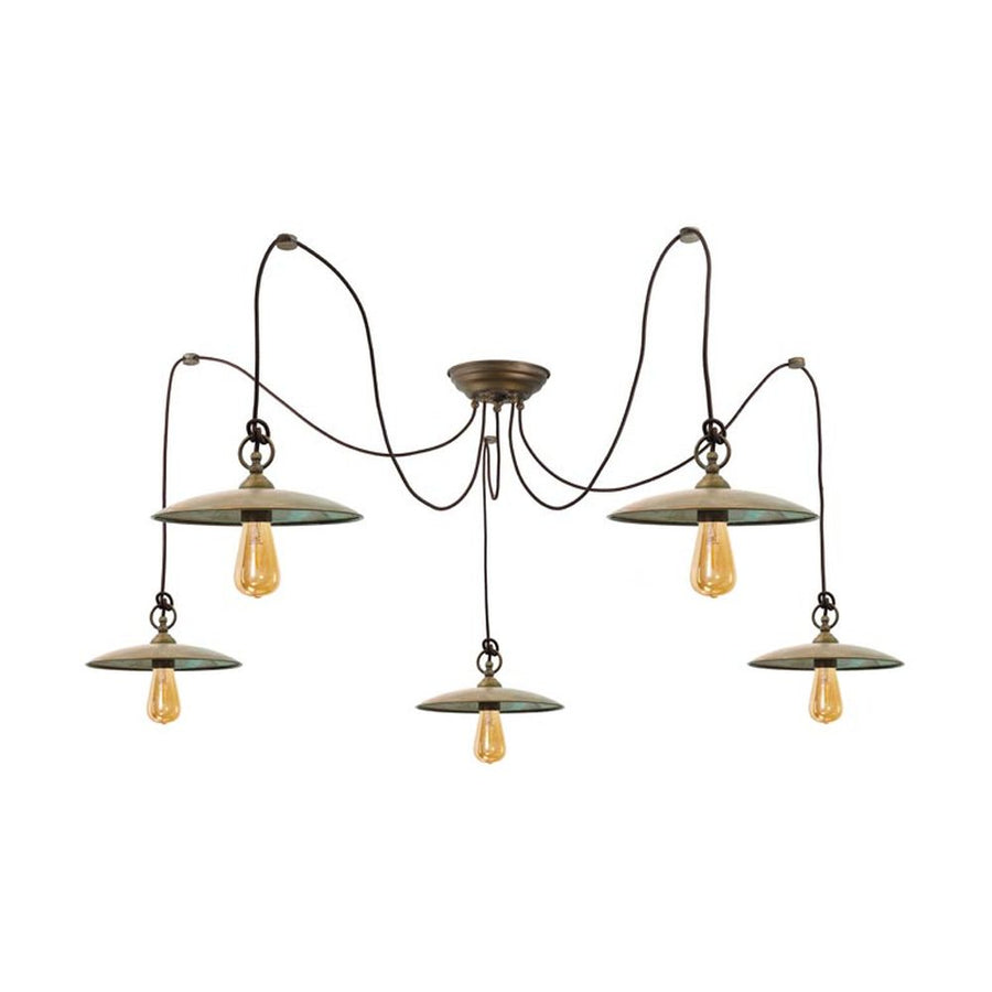 Loft stílusú, antikolt sárgaréz színű, öt lámpás réz függeszték