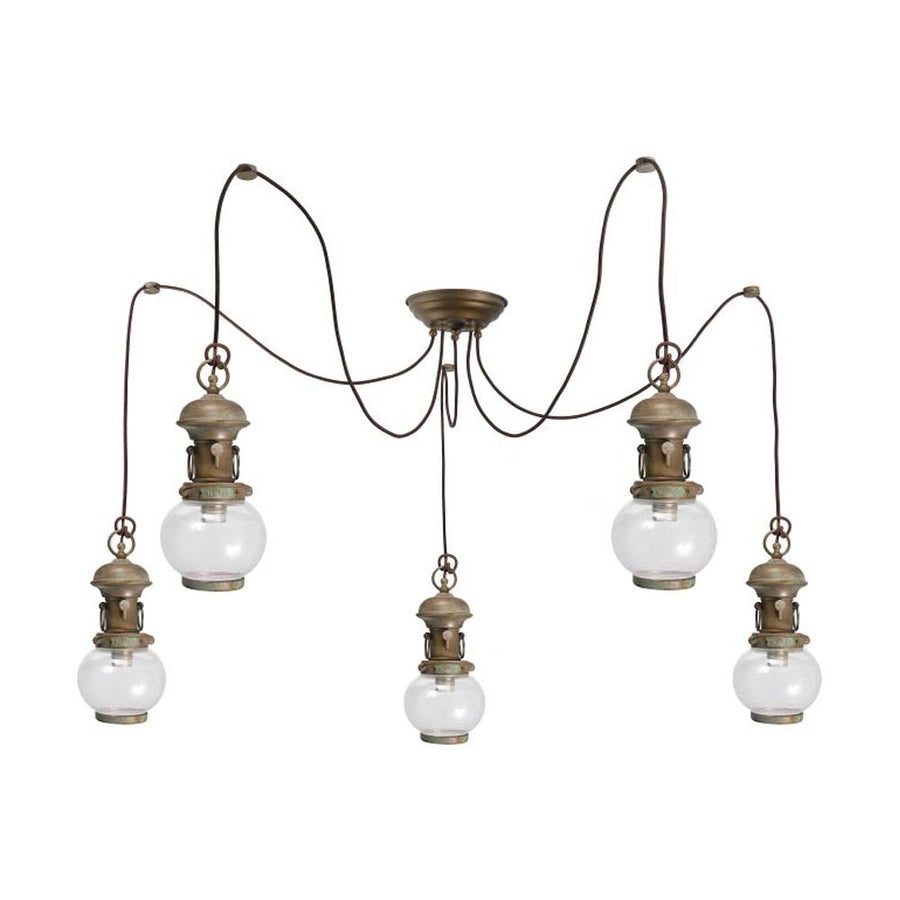 Vintage stílusú, antikolt sárgaréz színű, öt lámpából álló függeszték sárgarézből és üvegből