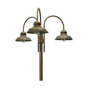 Vintage stílusú, antikolt sárgaréz színű, kandeláber három lámpával átlátszó üvegbúrával.