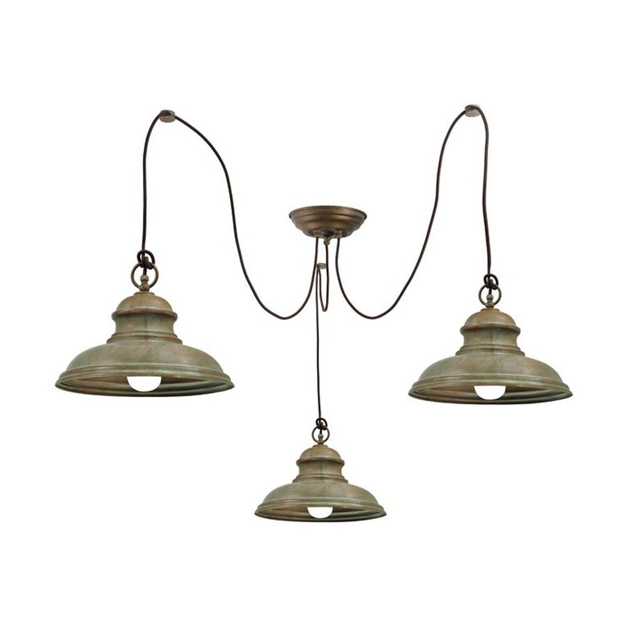 Vintage stílusú, antikolt sárgaréz színű, harang alakú, három lámpából álló függeszték.