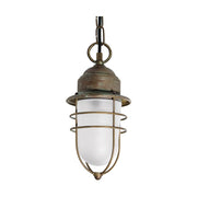 Industrial stílusú, antikolt sárgaréz színű, réz függeszték opál üvegbúrával.