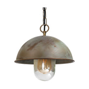 Ipari stílusú, antikolt srágaréz színű rézfüggeszték lámpa üvegbúrával.