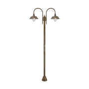 Vintage stílusú, rézből készült, 270 cm magas kandeláber üvegbúrával két foglalattal.