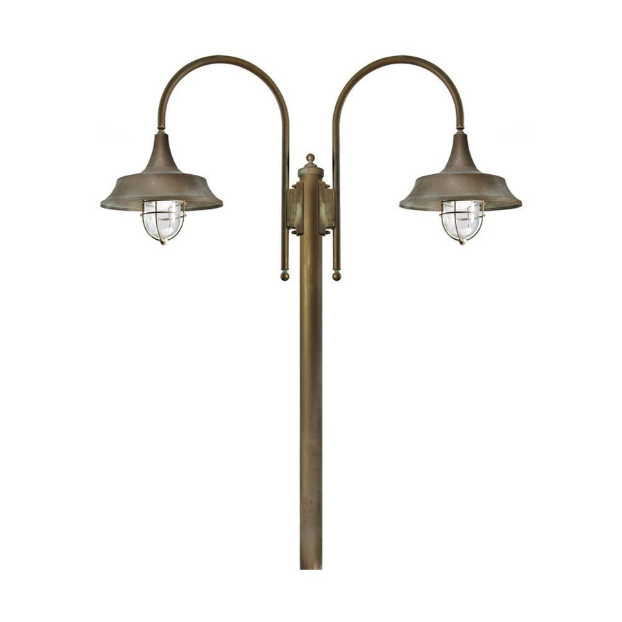 Vintage stílusú, rézből készült, 270 cm magas kandeláber üvegbúrával két foglalattal.