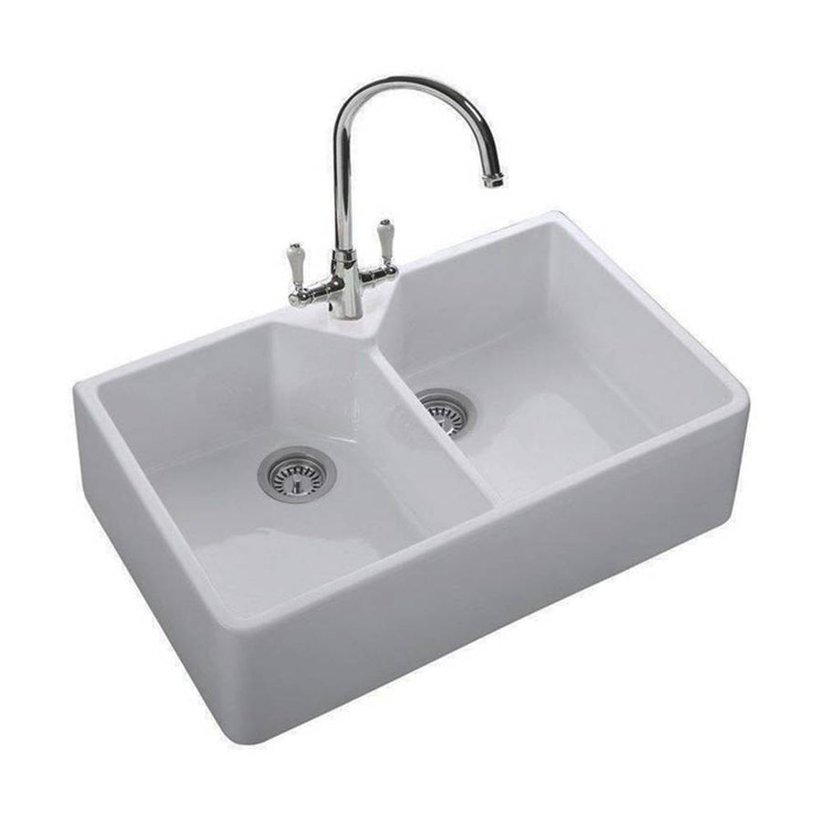 Szögletes formájú kétosztató kerámia mosogatókagyló.