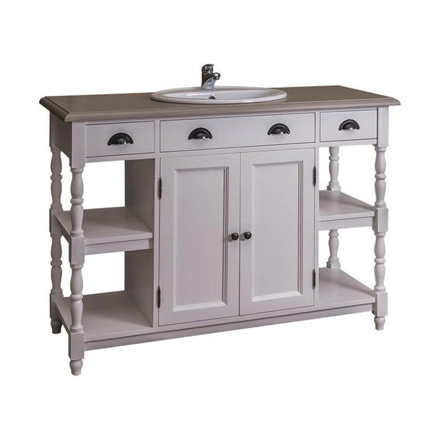 Fenyőfa mosdószekrény klasszicizálió faragással a lábain. A tárolásról négy fiók, négy polc, valamint egy polcos tároló gondoskodik. Színe fehér, és bézs.