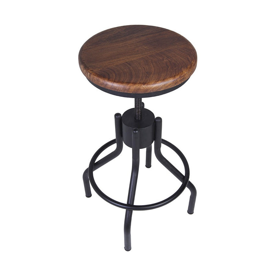 Industrial stílusú, állítható magasságú bárszék/hokedli, vas testtel és mangófa ülőfelülettel.