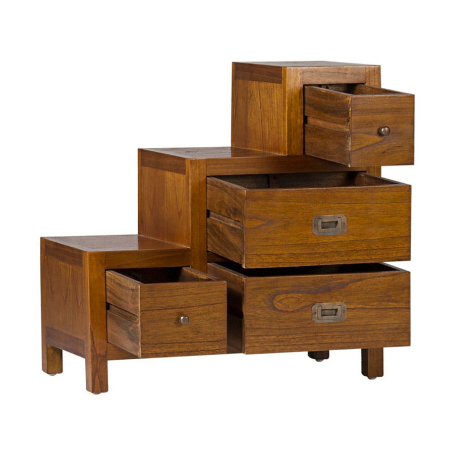 Loft stílusú, mindifából készült, lépcsőzetes komód kihúzott fiókokkal.