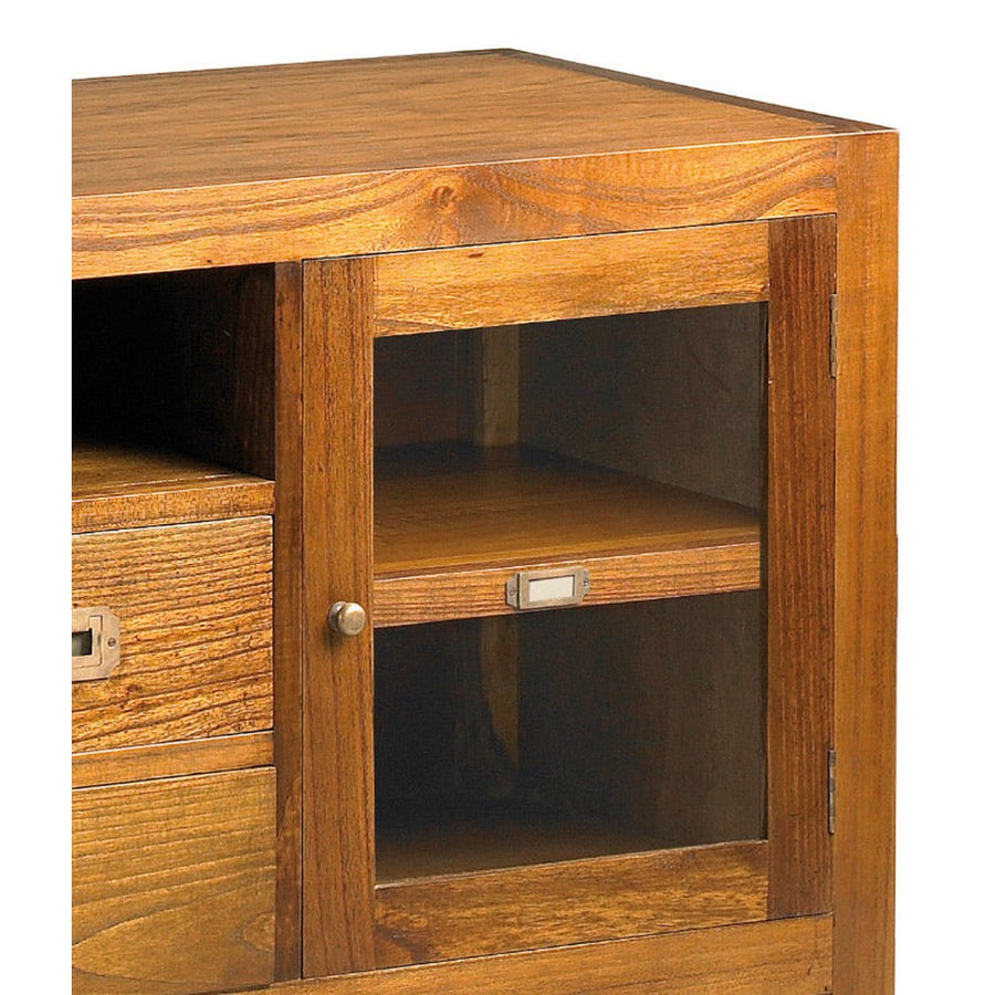 Loft stílusú, mindifából készült, natúr színű TV szekrény vitrin részlete.