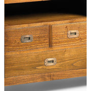 Loft stílusú, mindifából készült, natúr színű TV szekrény fiók részlete.