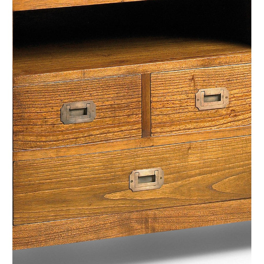 Loft stílusú, mindifából készült, natúr színű TV szekrény fiók részlete.