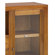 Loft stílusú, mindifából készült vitrines tároló két nyitott polccal, két fiókkal és üveges tárolóval.