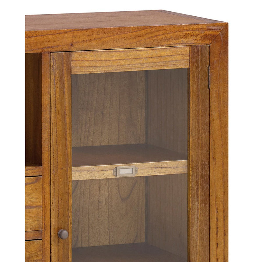 Loft stílusú, mindifából készült vitrines tároló két nyitott polccal, két fiókkal és üveges tárolóval.