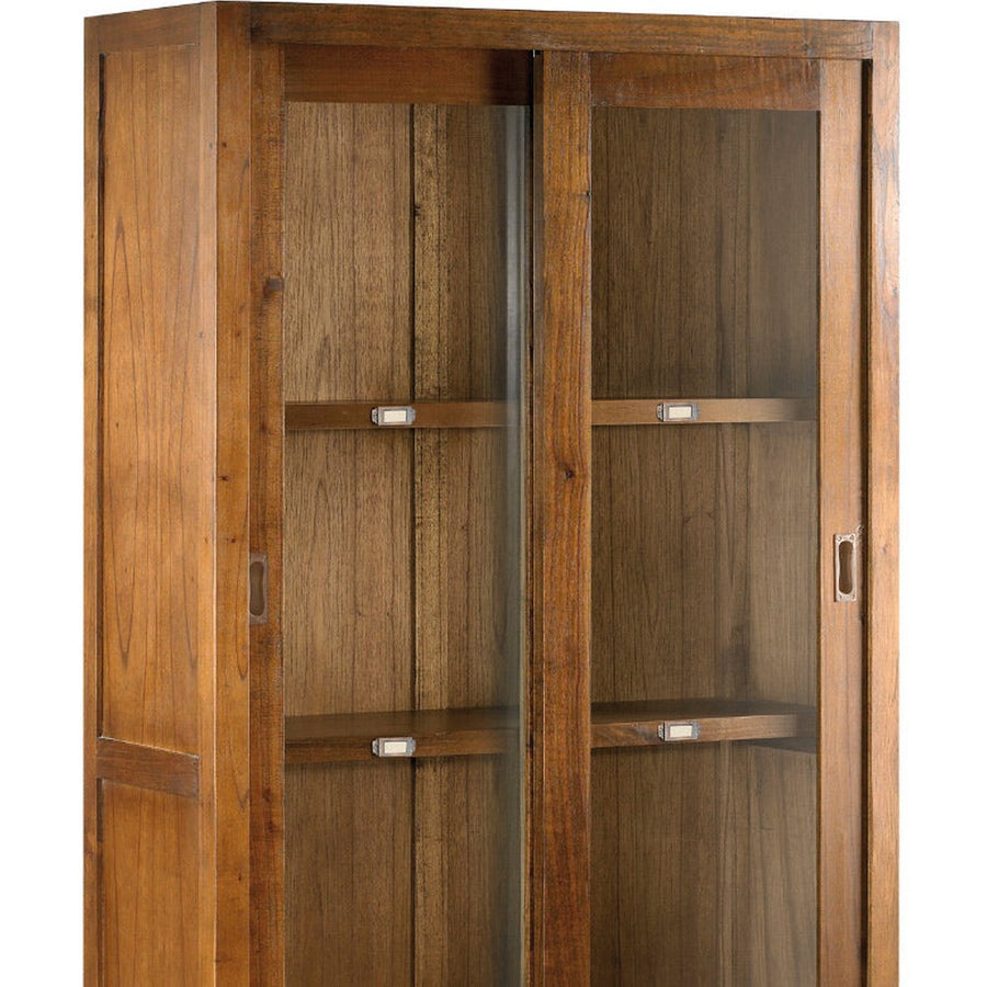 Loft stílusú, mindifából készült vitrines tárolószekrény polc részlete.