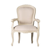 Klasszikus stílusú, törtfehér színű, bézs színű szövettel kárpitozott karosszék. A kényelemről a szélesedő háttámlája, a kárpitozott karfa, és puha ülés gondoskodik. A kecsesen faragott bútort szolid virágfaragások díszítik.