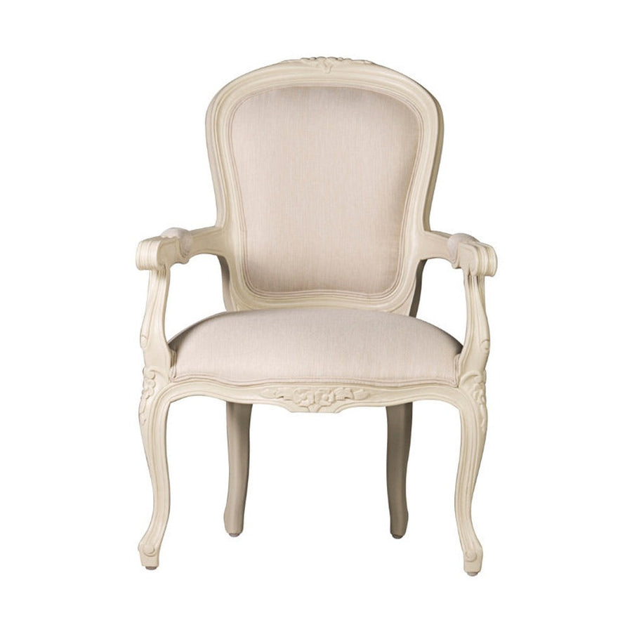 Klasszikus stílusú, törtfehér színű, bézs színű szövettel kárpitozott karosszék. A kényelemről a szélesedő háttámlája, a kárpitozott karfa, és puha ülés gondoskodik. A kecsesen faragott bútort szolid virágfaragások díszítik.