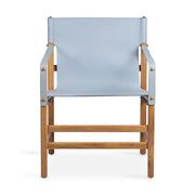 Prémium kategóriás, vintage stílusú, teakfából faragott, világoskék színű bőrrel kárpitozott kézműves karosszék.