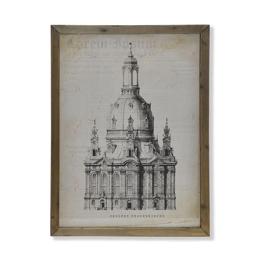 A drezdai Frauenkirche brazilka korabeli metszetrajzának fotóprintje üvegezett antikolt felületű fa képkeretben