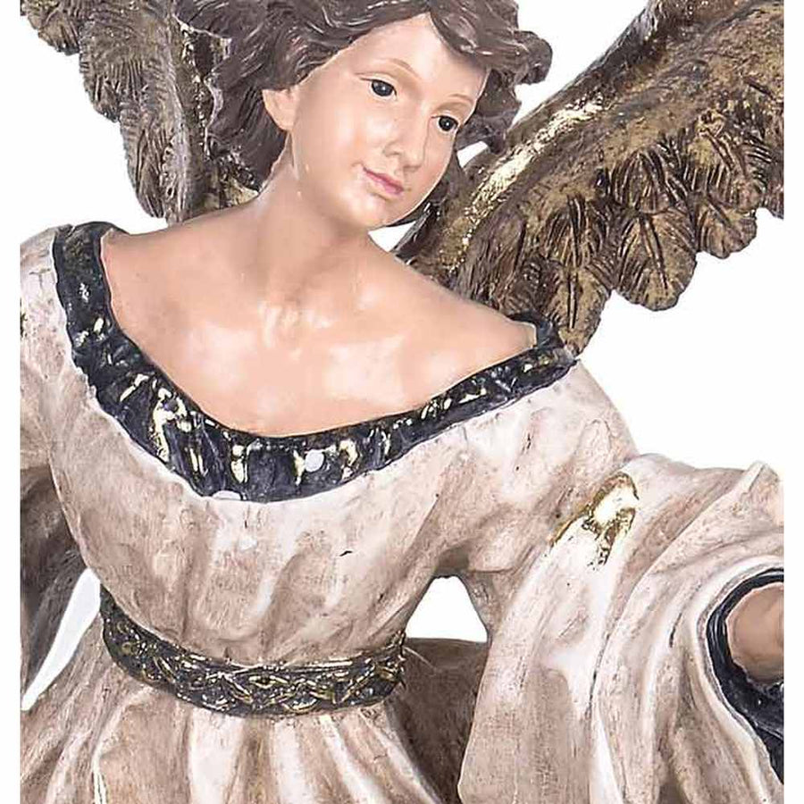 Barokkos megjelenésű, óriás méretű, 65,5 cm magas, antikolt felületű karácsonyi angyal figura óarany szárnyakkal,