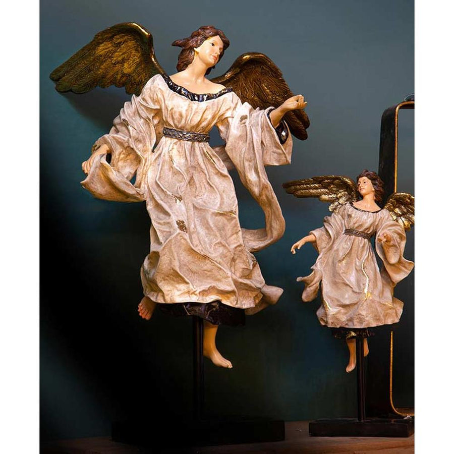 Barokkos megjelenésű, óriás méretű, 65,5 cm magas, antikolt felületű karácsonyi angyal figura óarany szárnyakkal