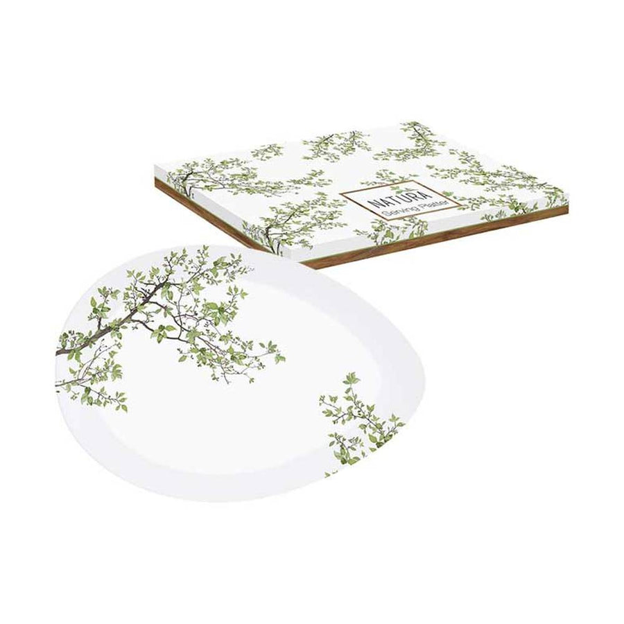 Zöldellő tavaszi faággal díszített, 24 cm hosszú, minőségi porcelánból készült kínáló tál díszdobozba csomagolva.