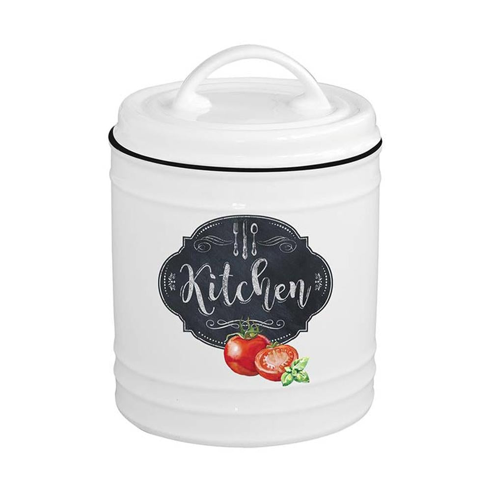 Fekete szegéjű, fehér színű porcelán konyhai tároló paradicsom mintával és kitchen felirattal