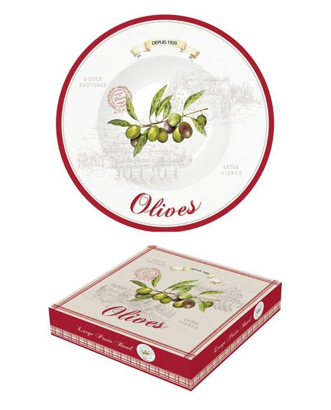Vidéki, mediterrán stílusú, olajbogyókkal és Olives felirattal díszített, 30 cm átmérőjű porcelán paszta tál.