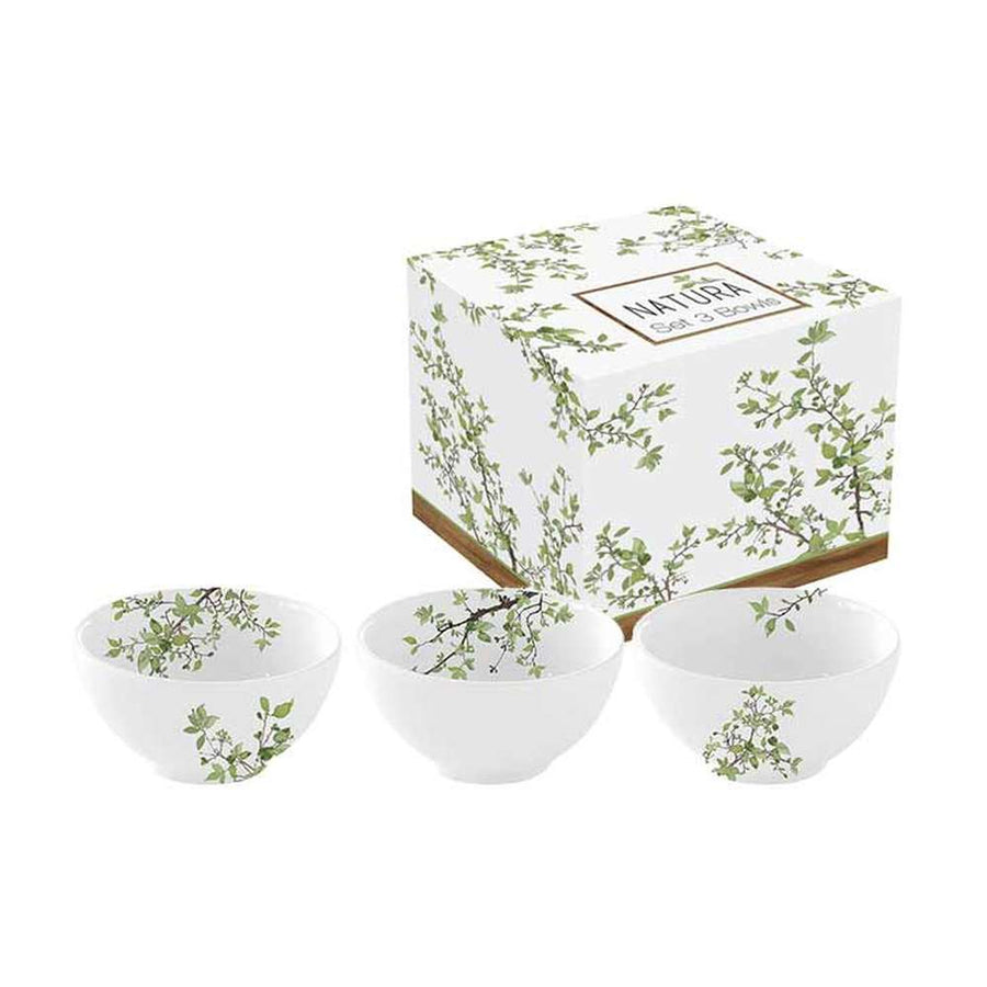 Zöldellő tavaszi faággal díszített, 9,5 cm átmérőjű, minőségi porcelánból készült, 3 darabos tálka szett díszdobozba csomagolva.