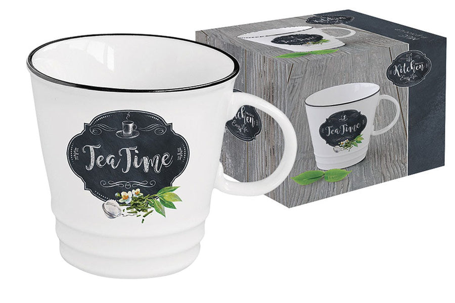 Fekete szegéjű, fehér porcelán teás bögre, fekete alapon fehér tea time felirattal hozzá illő díszdobozzal