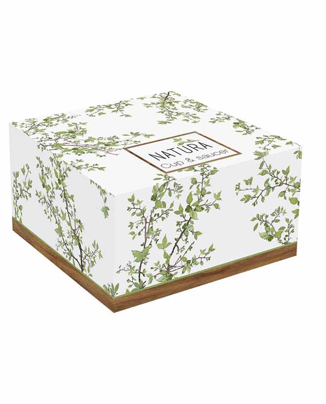 Zöldellő tavaszi faággal díszített, minőségi porcelánból készült teáscsésze akácfa alátéttel díszdobozba csomagolva a "Natura" kollekcióból