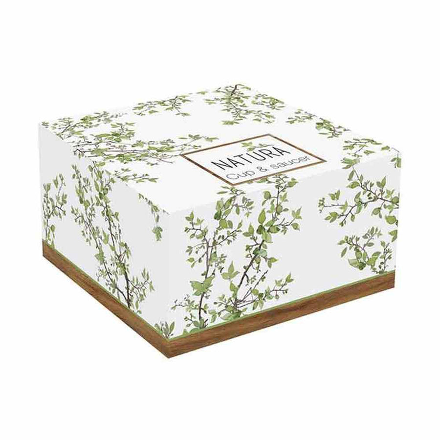 Zöldellő tavaszi faággal díszített, minőségi porcelánból készült teáscsésze akácfa alátéttel díszdobozba csomagolva a "Natura" kollekcióból