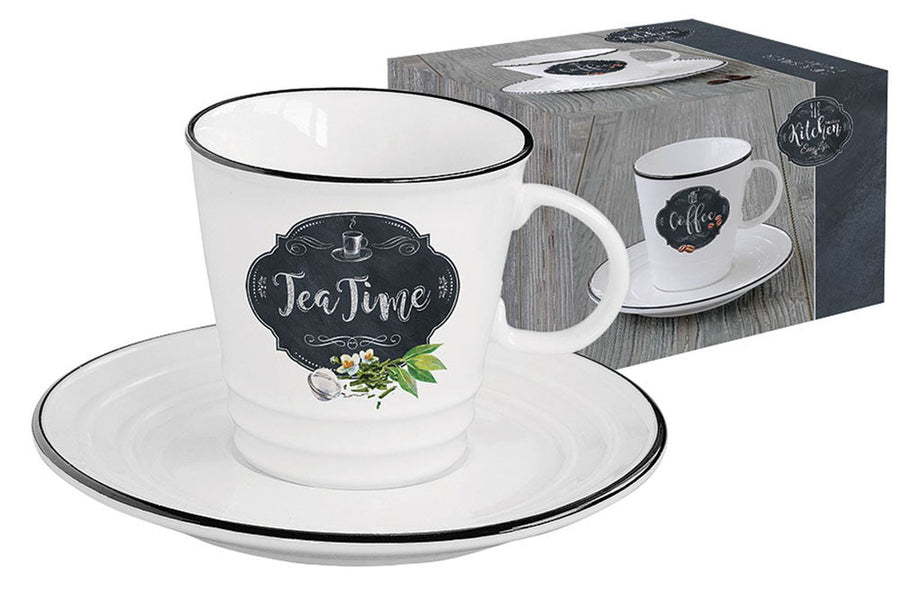 Fekete szegéjű, fehér porcelán teáscsésze csészealjjal, fekete alapon fehér tea time felirattal hozzá tartozó díszdobozzal 