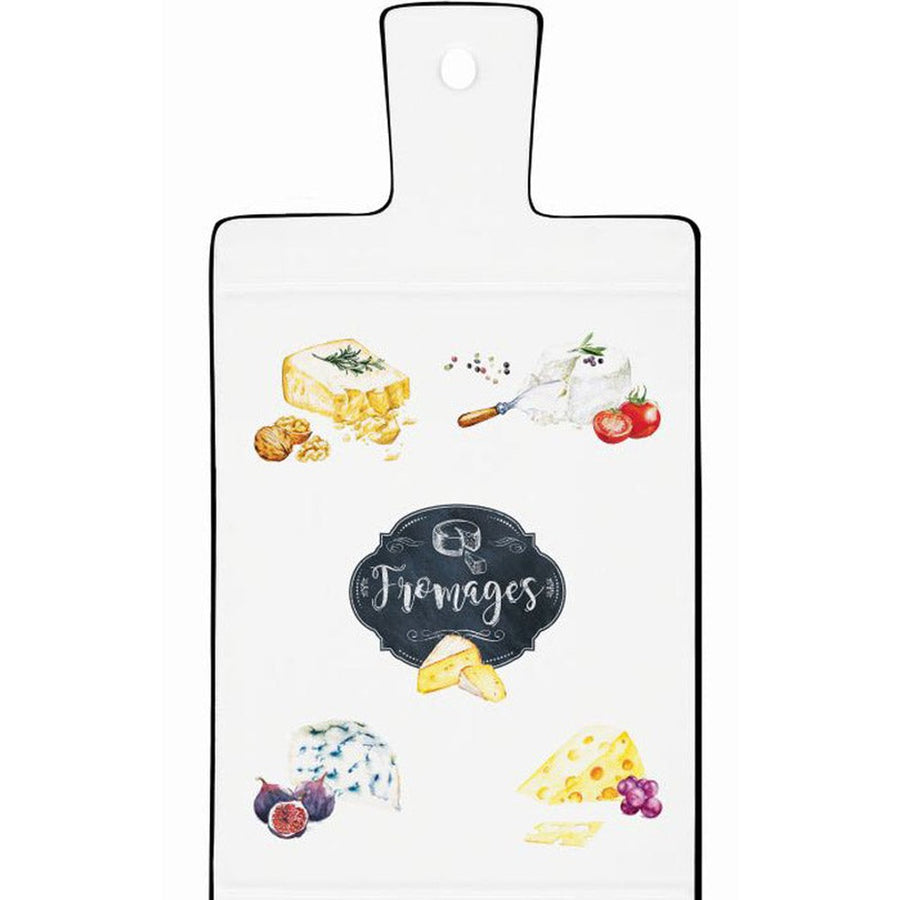 Fekete szegéjű, fehér színű porcelán vágólap zöldségmotívumokkal és kitchen felirattal