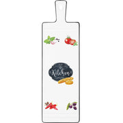 Fekete szegéjű, fehér színű porcelán vágólap zöldségmotívumokkal és kitchen felirattal