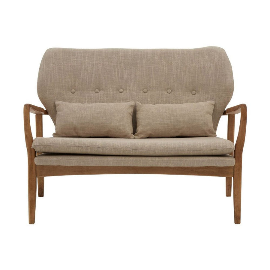 Skandináv stílusú, nyírfából készült kanapé bézs színű kárpitozással, ülő- és hátpárnákkal.