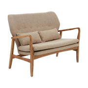 Skandináv stílusú, nyírfából készült kanapé bézs színű kárpitozással, ülő- és hátpárnákkal.