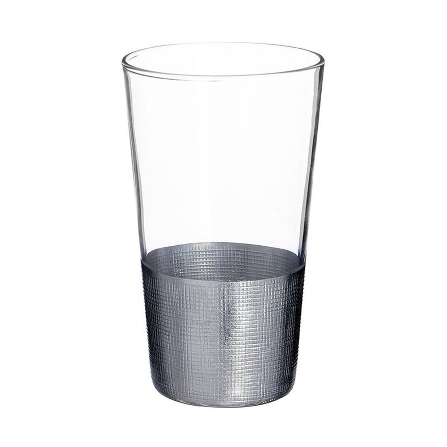 Modern, ezüstszínű fémmel díszített, üveg vizespohár.