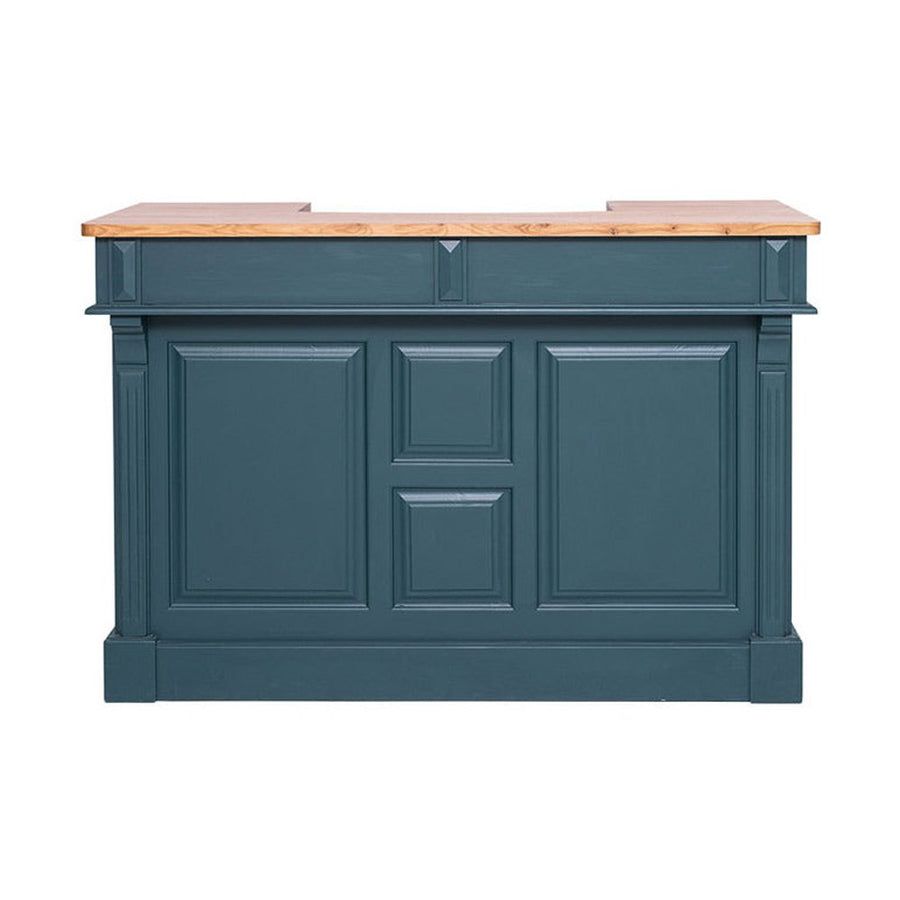 Viharkék színű, vidéki stílusú bárpult, natúr színű olajozott tölgyfa fedlappal.