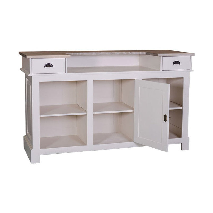 Tömör fenyőfából készült, fehér színű dekoratív bárpult natúr tölgyfa fedalappal.