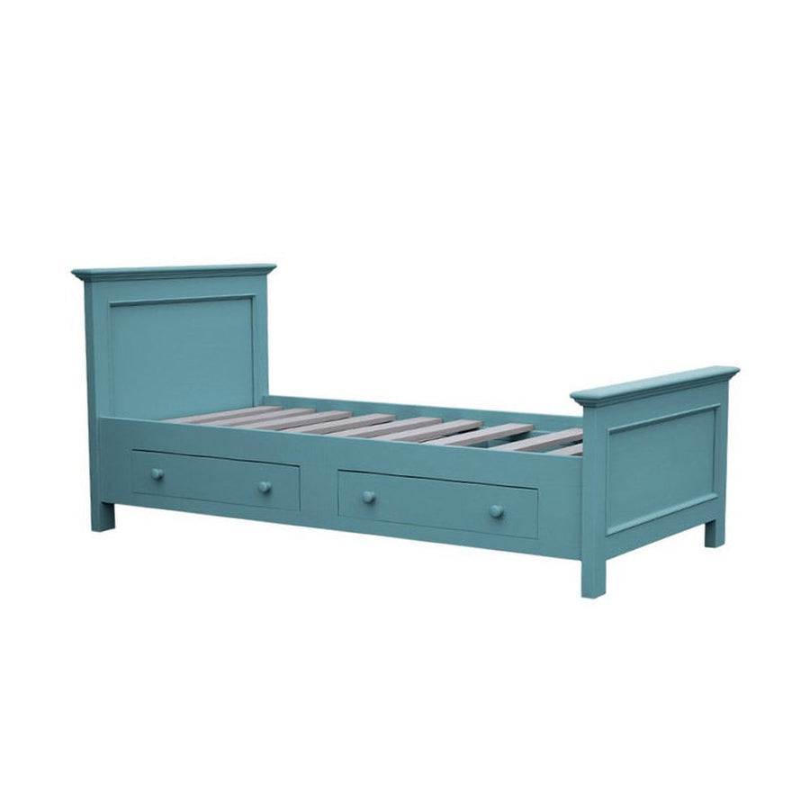 90 x 200 centiméteres, fenyőfából készült ágykeret. Festett, világoskék színű.