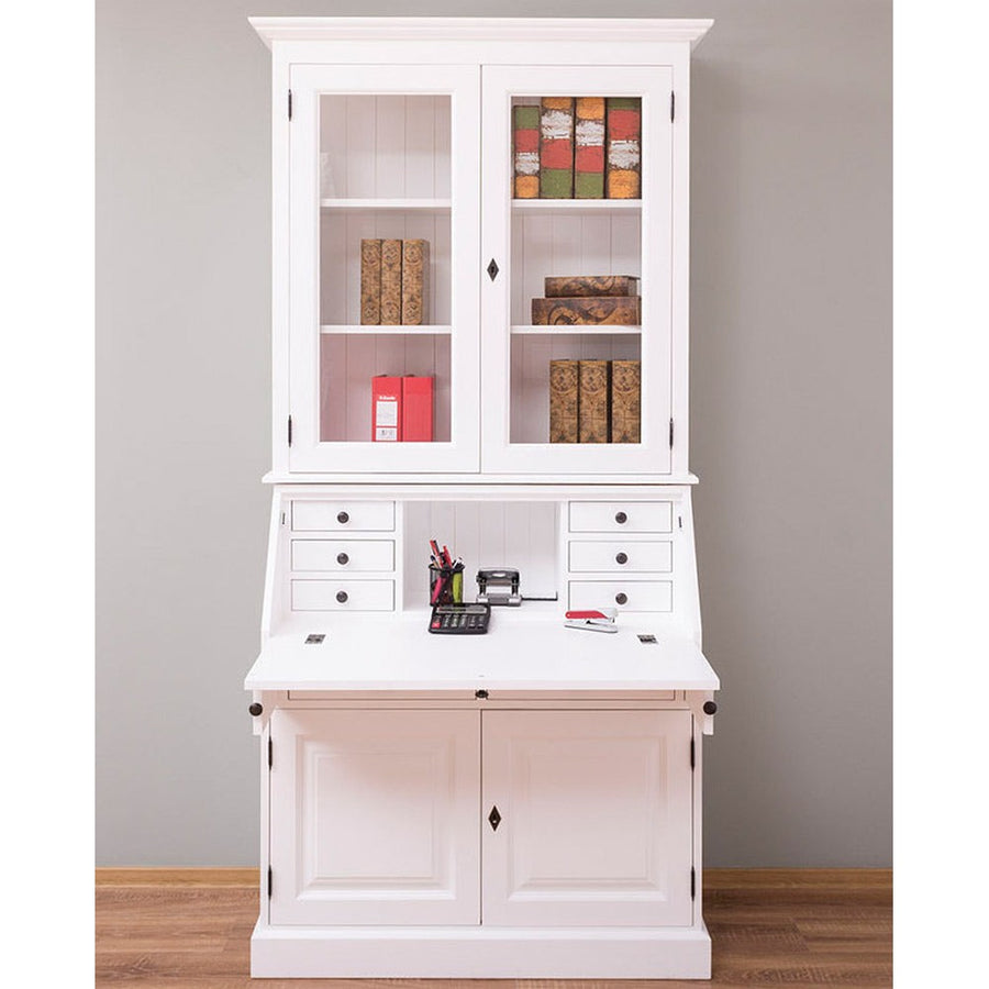 Fenyőfából készült, kétosztatú, vitrintes fenyőfa szekreterszekrény.