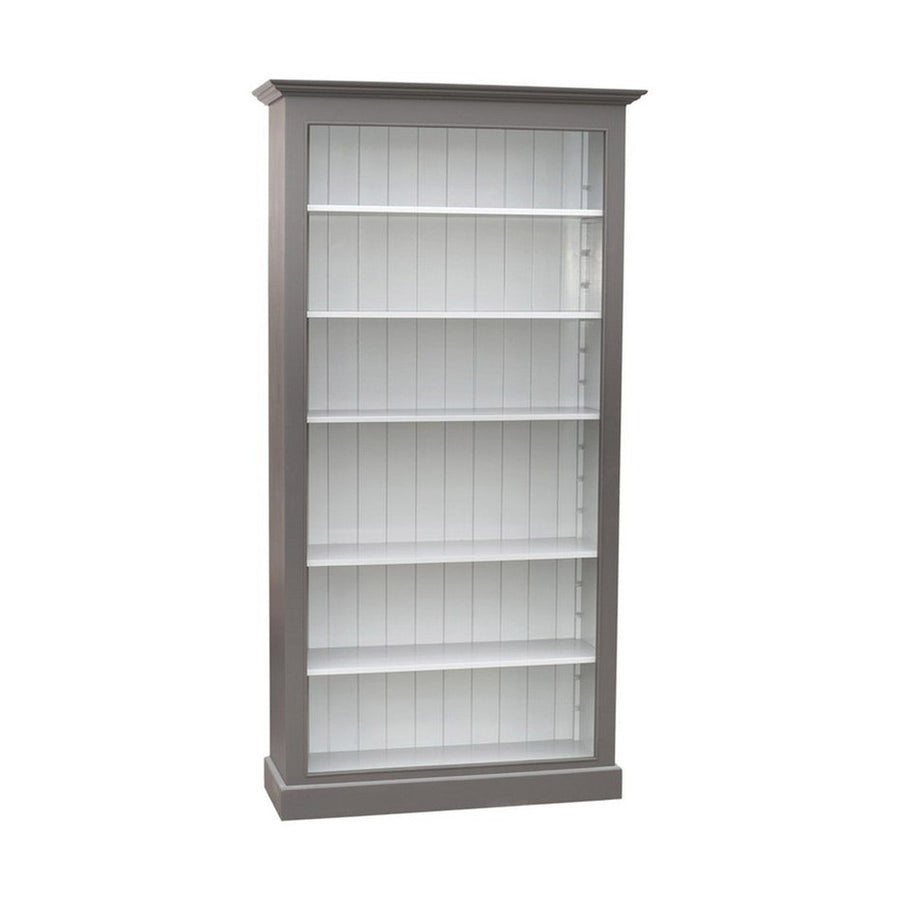 Szürke és fehér színű klasszikus stílusú könyvszekrény 6 polccal.