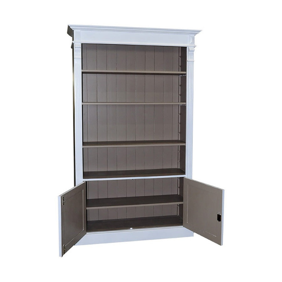 Klasszikus stílusú, tömör fenyőfa könyvesszekrény. Fehér és festett világosbarna színű.