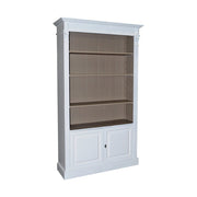 Klasszikus stílusú, tömör fenyőfa könyvesszekrény. Fehér és festett világosbarna színű.