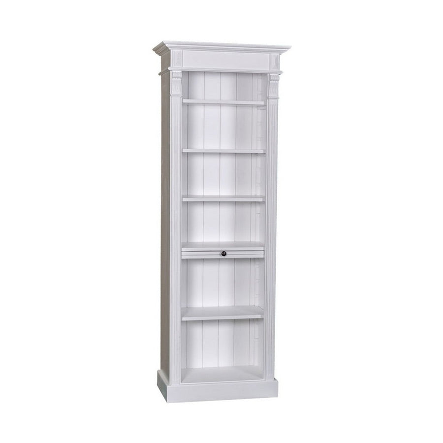 Fehér színű klasszikus stílusú könyvszekrény hat polccal és egy kihúzható könyvtartóval.