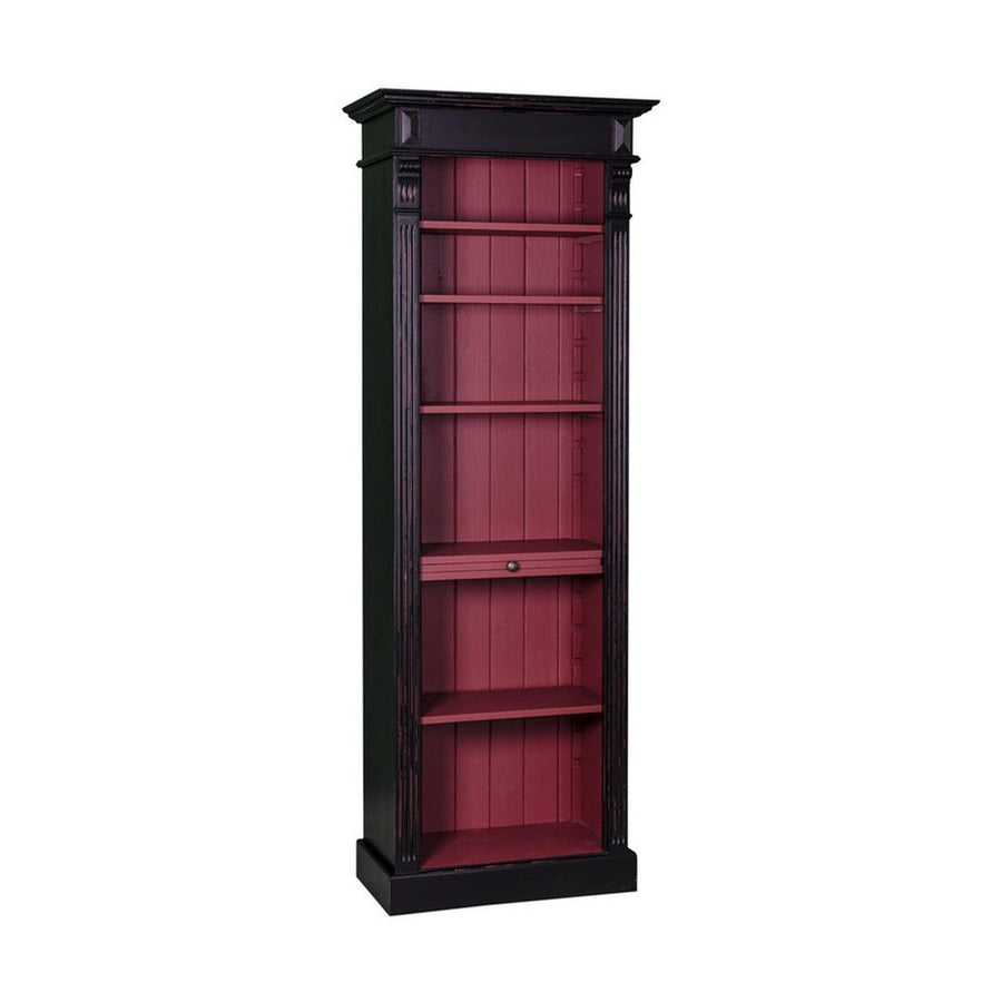 Fekete és vörös színű klasszikus stílusú könyvszekrény hat polccal és egy kihúzható könyvtartóval.